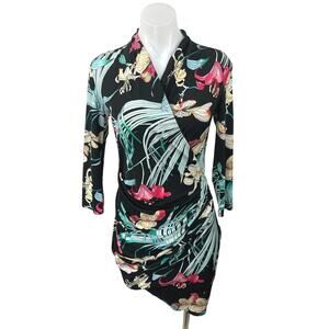 Jennifer Lopez Multicolor Long Sleeve Tropical Ruched Mini Bodycon Wrap Dress XS